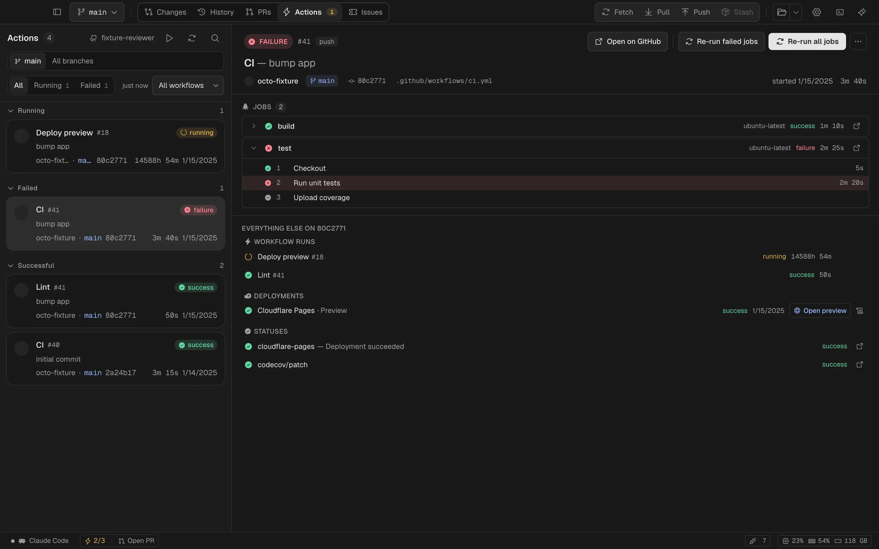 GitHub Actions jobs and steps in Spalt