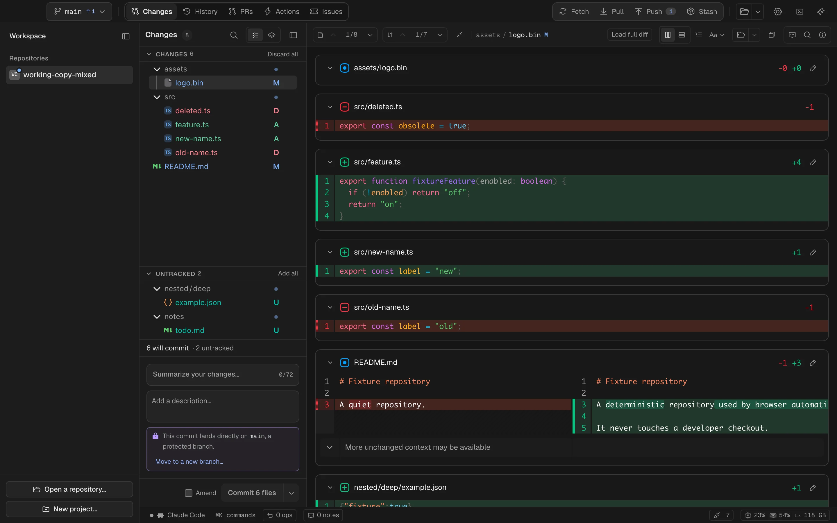 Spalt’s Git workspace: changed files, readable diffs, and the next commit together