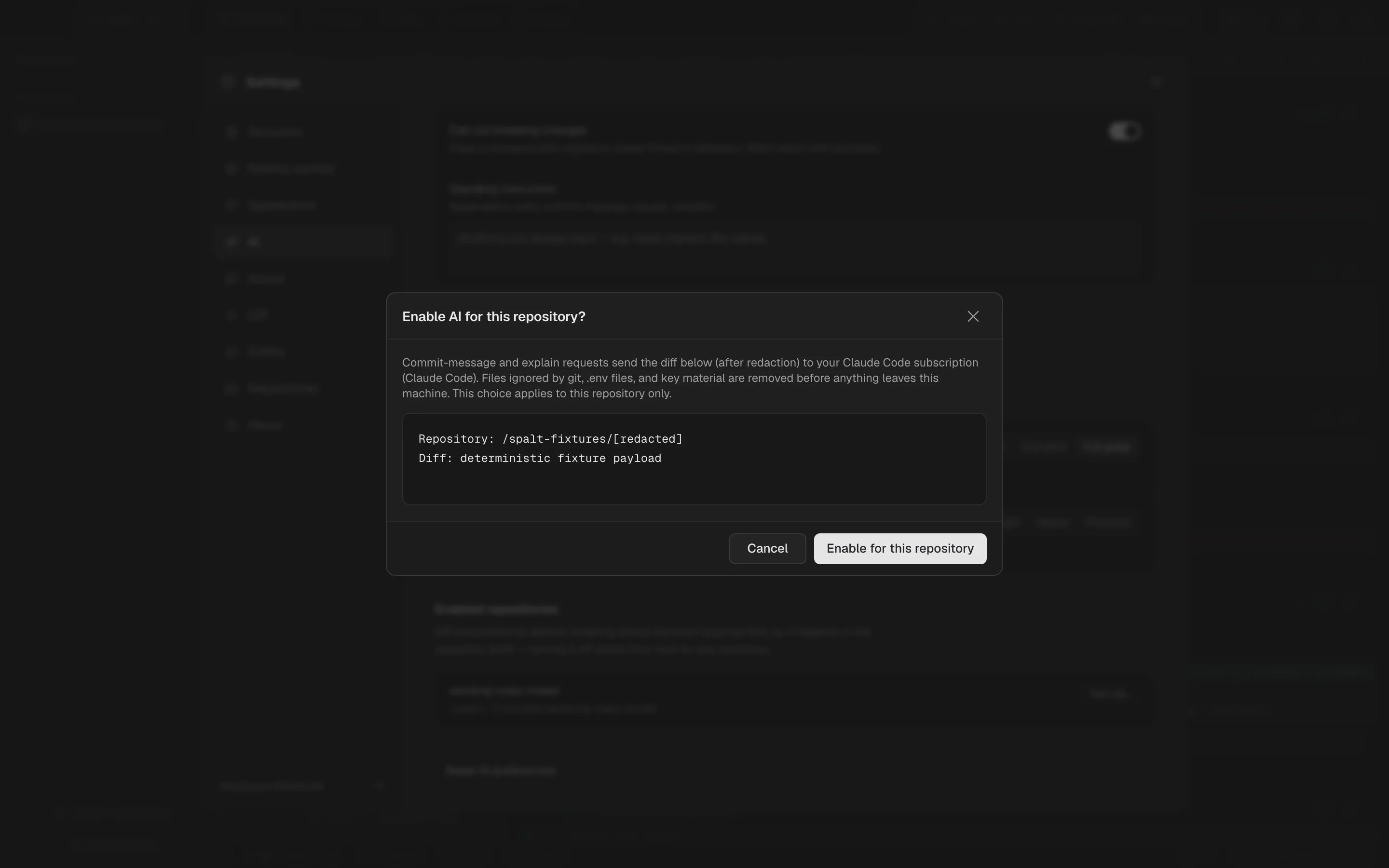 The first-send AI sharing controls for a Spalt repository