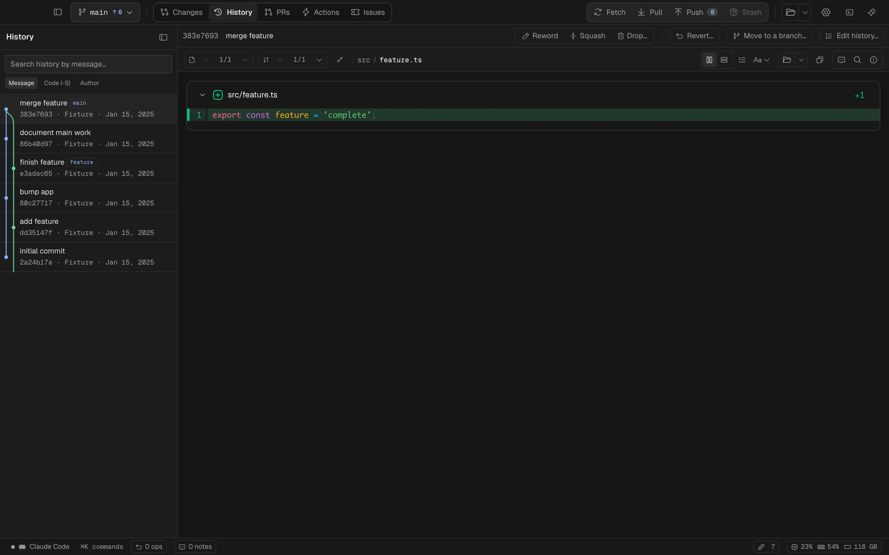 Spalt’s commit history with branch graph and history editing actions