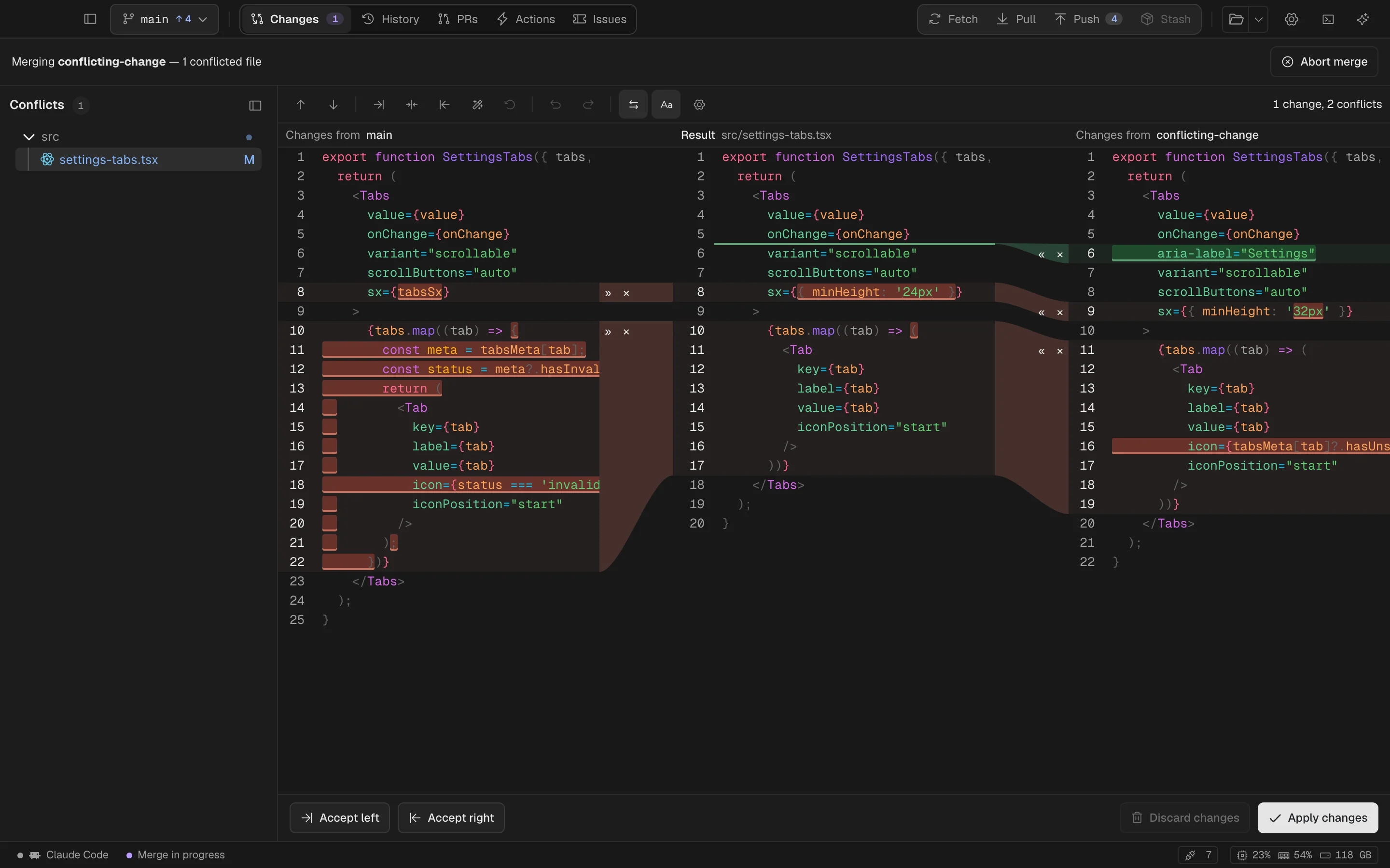Spalt’s three-pane merge conflict resolver
