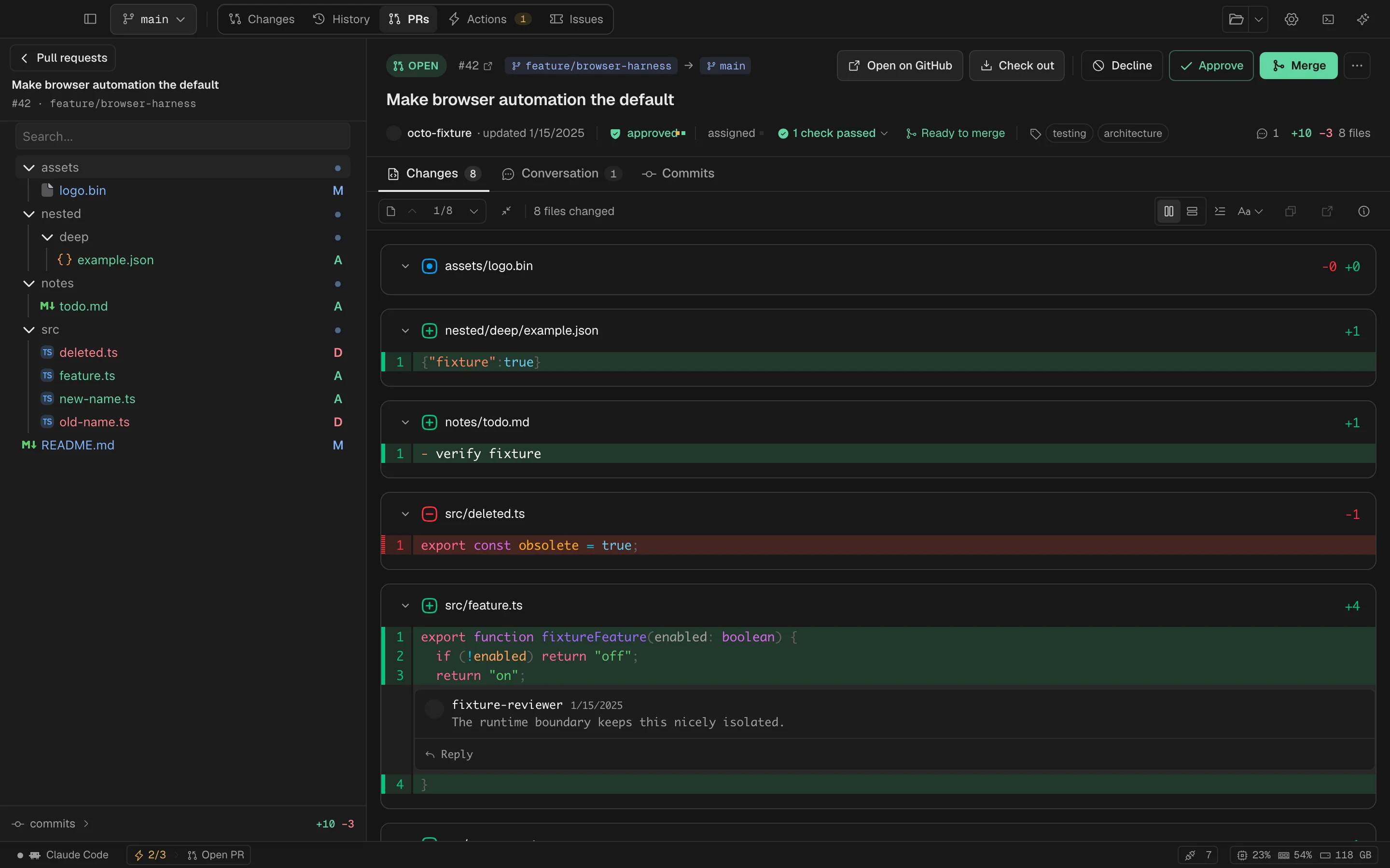 A pull request and its code changes in Spalt