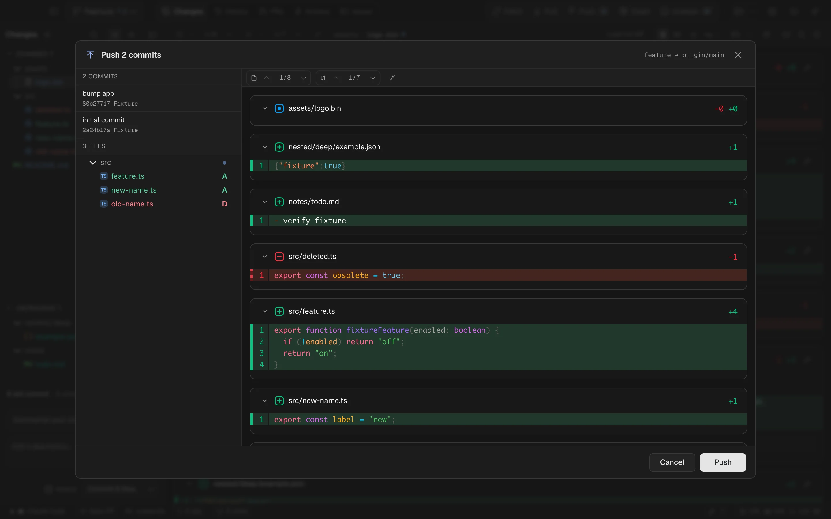 Outgoing commits and a selected diff in Spalt’s push dialog