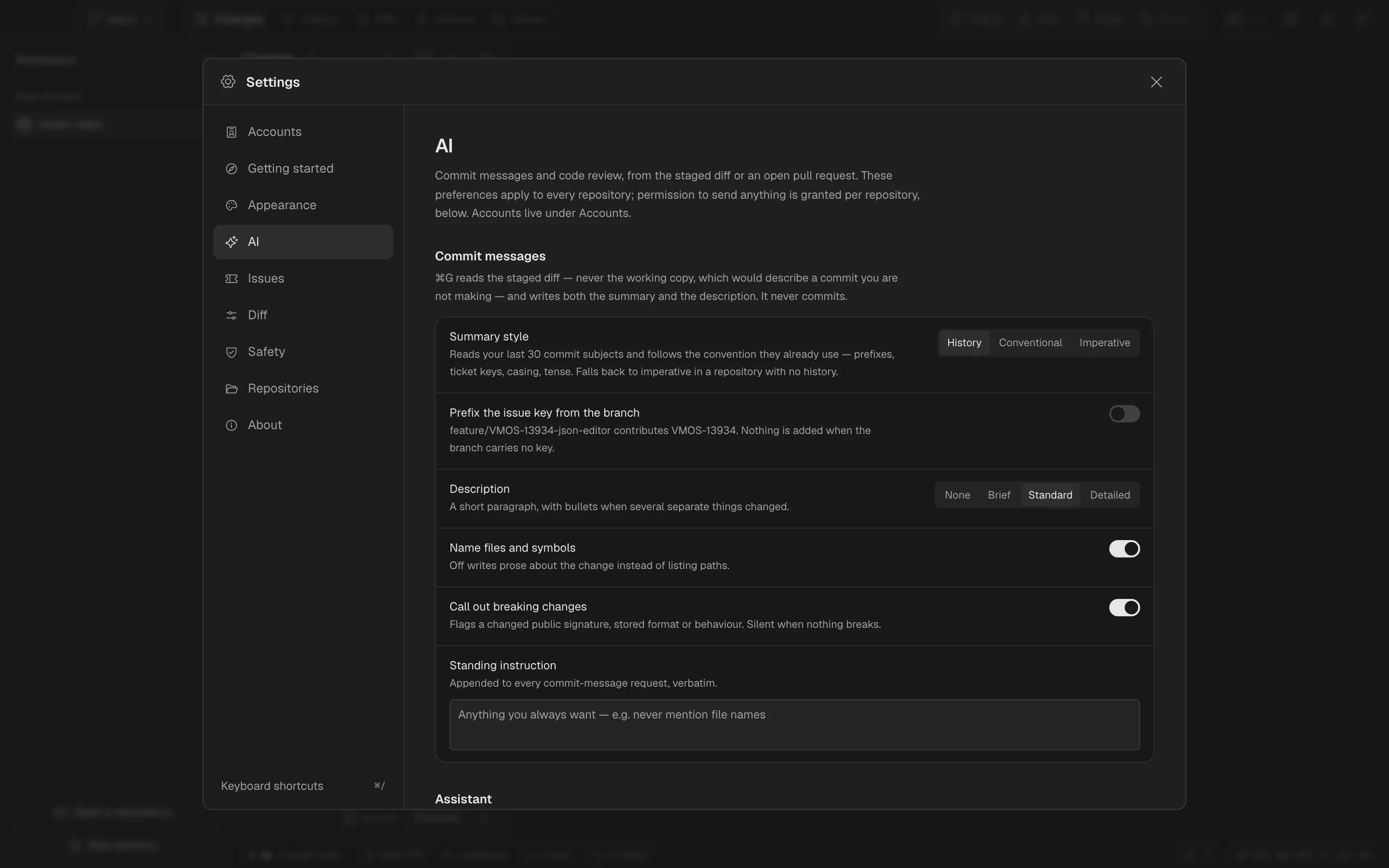 AI account and model settings in Spalt