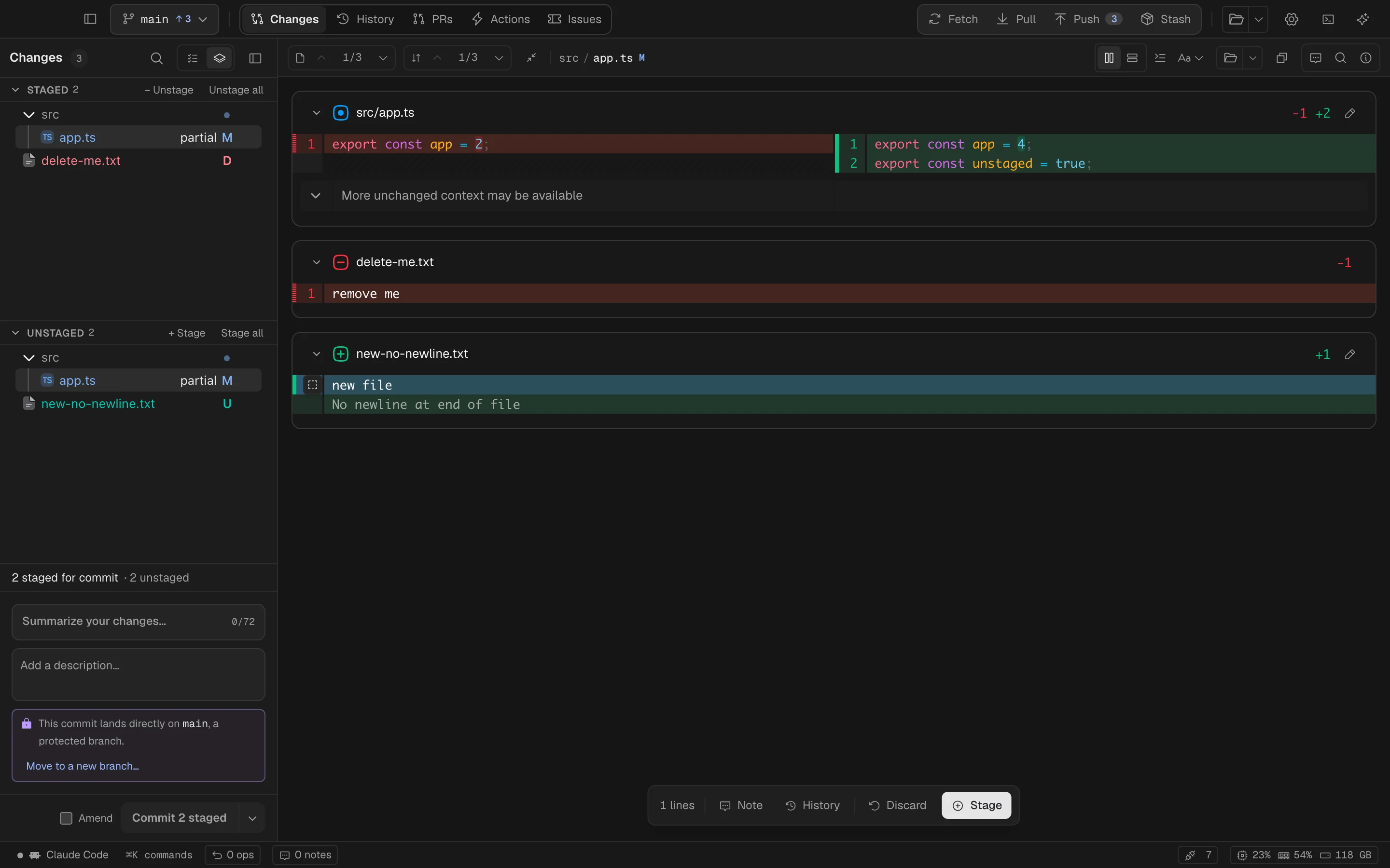 Selected changed lines ready to stage in Spalt