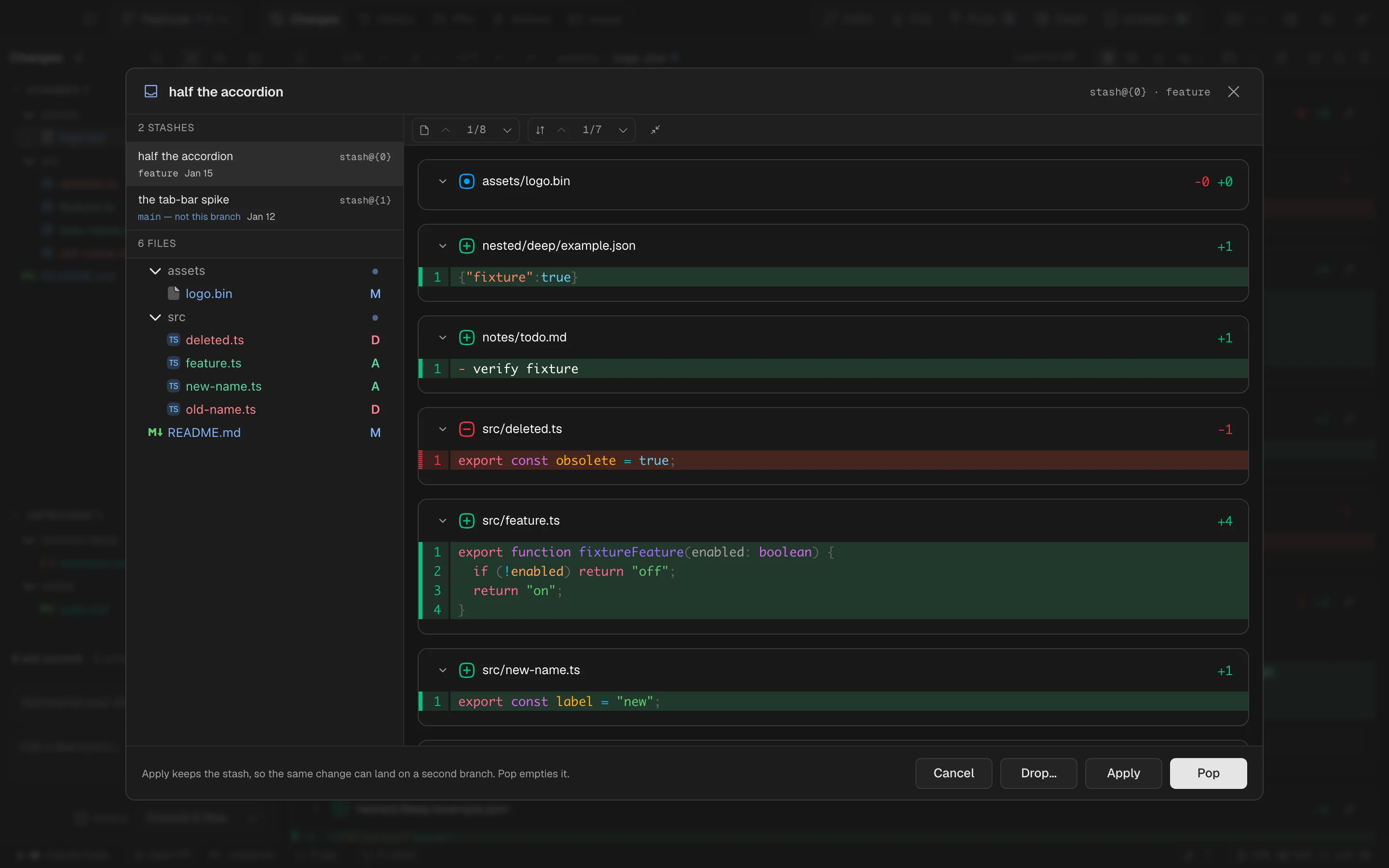 Stash contents previewed before applying them in Spalt